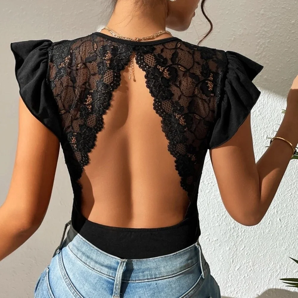 Boho Floral Lace Ruffle Sleeve Open Back Bodysuit - Picture 1 of 11